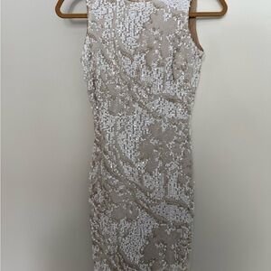 Dress the Population Beige and White Sequin Mini Dress